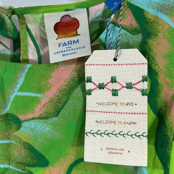 FARM Rio x Anthropologie Puff Sleeve Mini Dress Lime Green Palm Tropical NEW XL - Picture 10 of 13